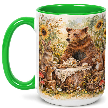 #pl[15oz|Green] Woodland Tea Party Coffee Mug, Forest Animal Mug, Ceramic Cup