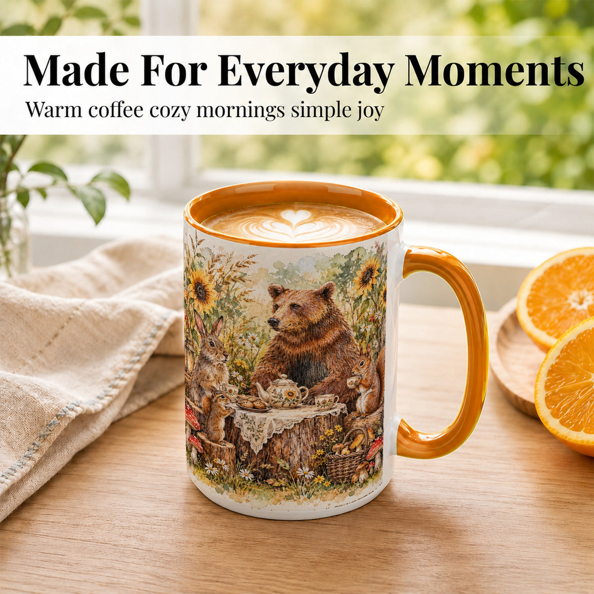 #pl[15oz|Orange] Woodland Tea Party Coffee Mug, Forest Animal Mug, Ceramic Cup