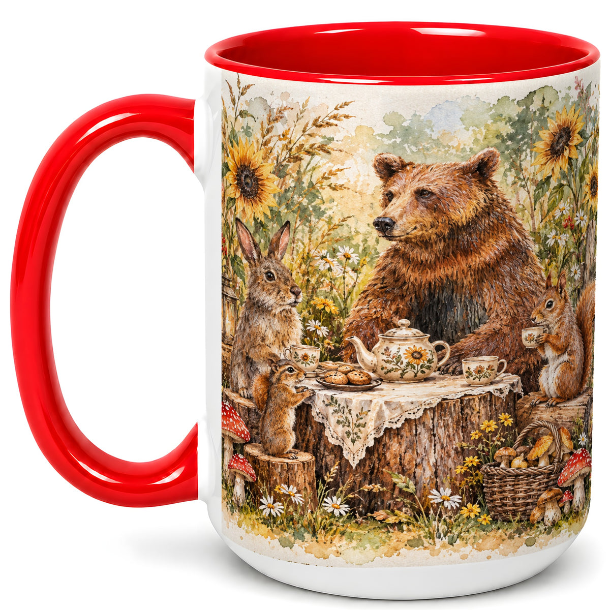 #pl[15oz|Red] Woodland Tea Party Coffee Mug, Forest Animal Mug, Ceramic Cup