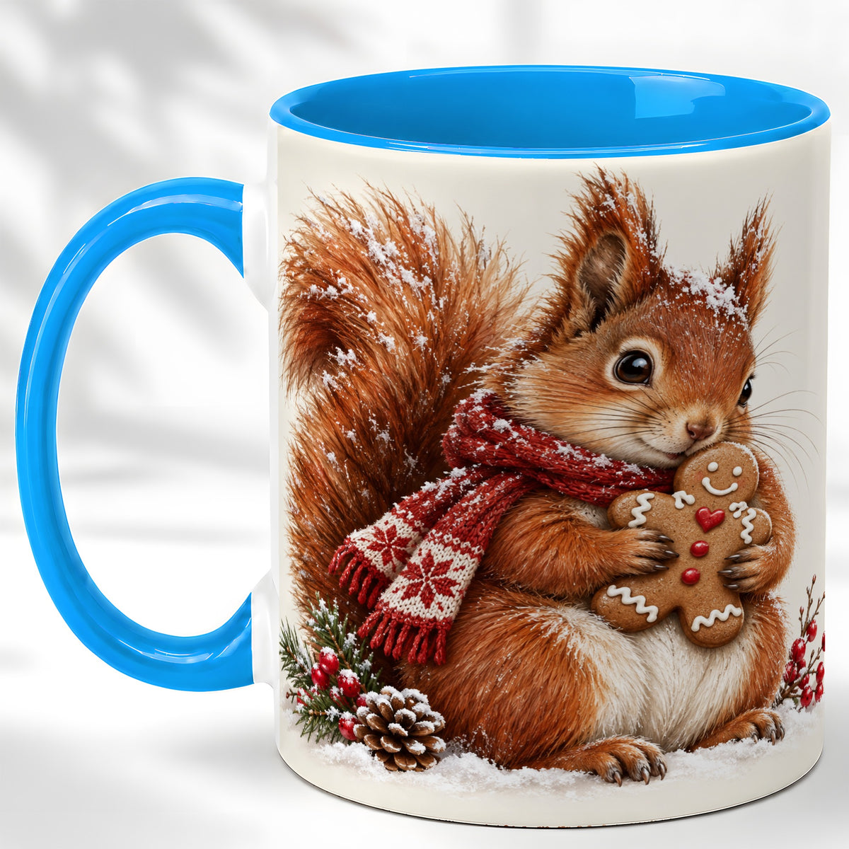 #pl[11oz|Blue] Winter Squirrel Coffee Mug, Gingerbread Squirrel Mug, Ceramic Cup