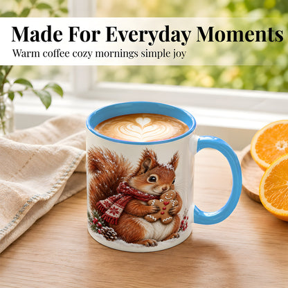 #pl[11oz|Blue] Winter Squirrel Coffee Mug, Gingerbread Squirrel Mug, Ceramic Cup