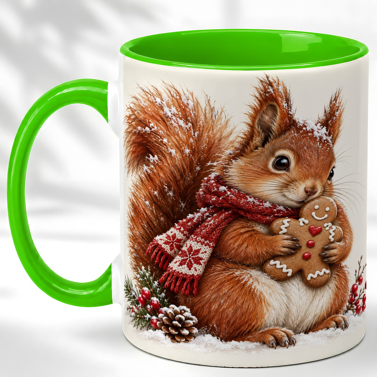 #pl[11oz|Green] Winter Squirrel Coffee Mug, Gingerbread Squirrel Mug, Ceramic Cup