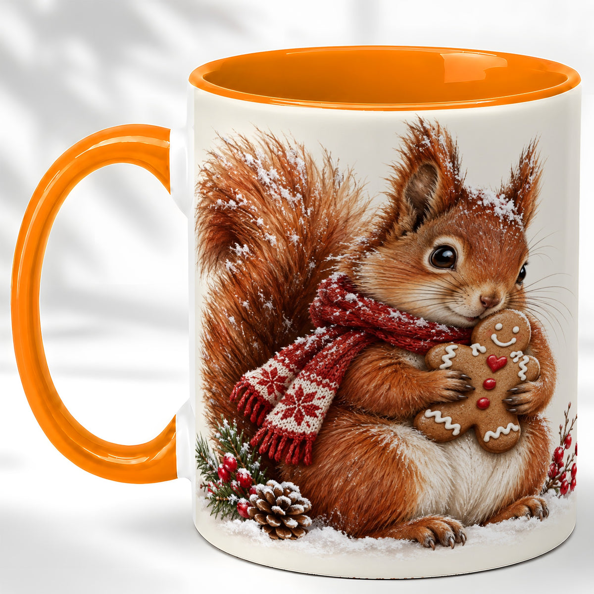 #pl[11oz|Orange] Winter Squirrel Coffee Mug, Gingerbread Squirrel Mug, Ceramic Cup