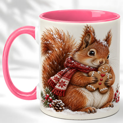 #pl[11oz|Pink] Winter Squirrel Coffee Mug, Gingerbread Squirrel Mug, Ceramic Cup