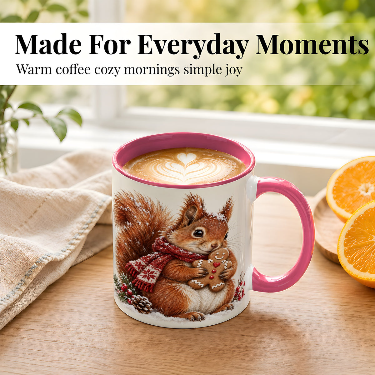 #pl[11oz|Pink] Winter Squirrel Coffee Mug, Gingerbread Squirrel Mug, Ceramic Cup