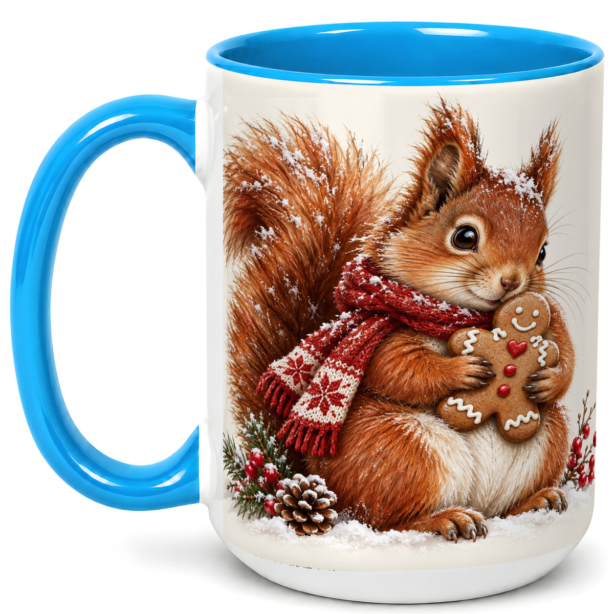 #pl[15oz|Blue] Winter Squirrel Coffee Mug, Gingerbread Squirrel Mug, Ceramic Cup