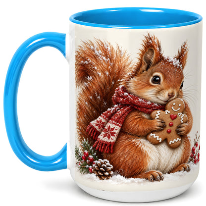 #pl[15oz|Blue] Winter Squirrel Coffee Mug, Gingerbread Squirrel Mug, Ceramic Cup