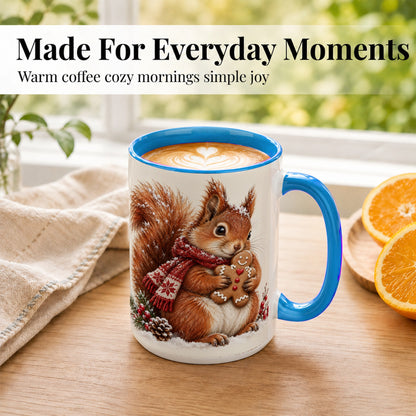 #pl[15oz|Blue] Winter Squirrel Coffee Mug, Gingerbread Squirrel Mug, Ceramic Cup