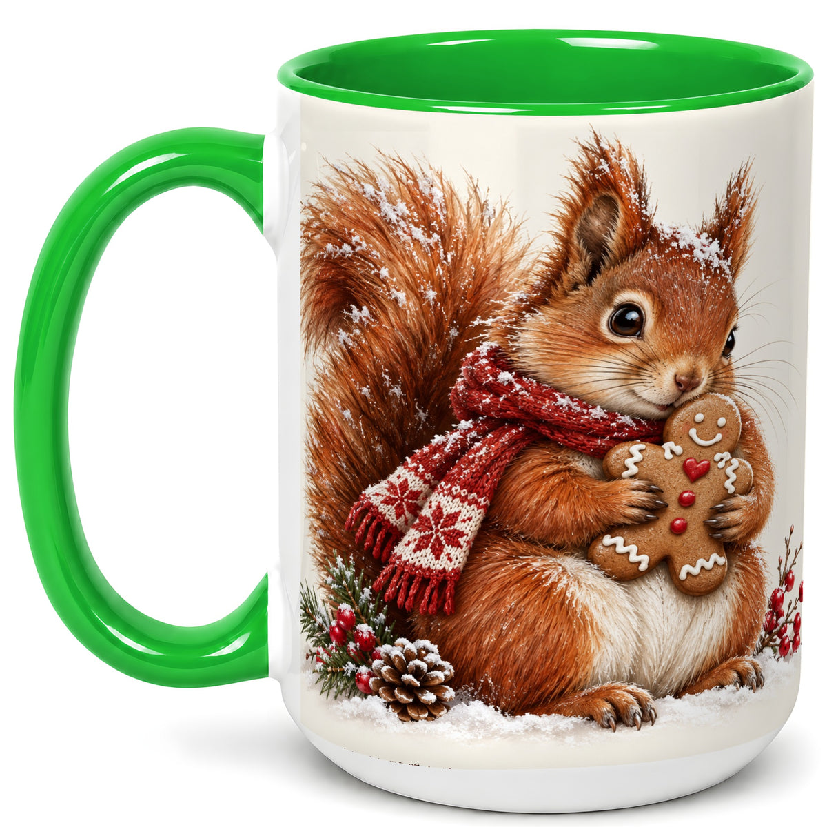 #pl[15oz|Green] Winter Squirrel Coffee Mug, Gingerbread Squirrel Mug, Ceramic Cup