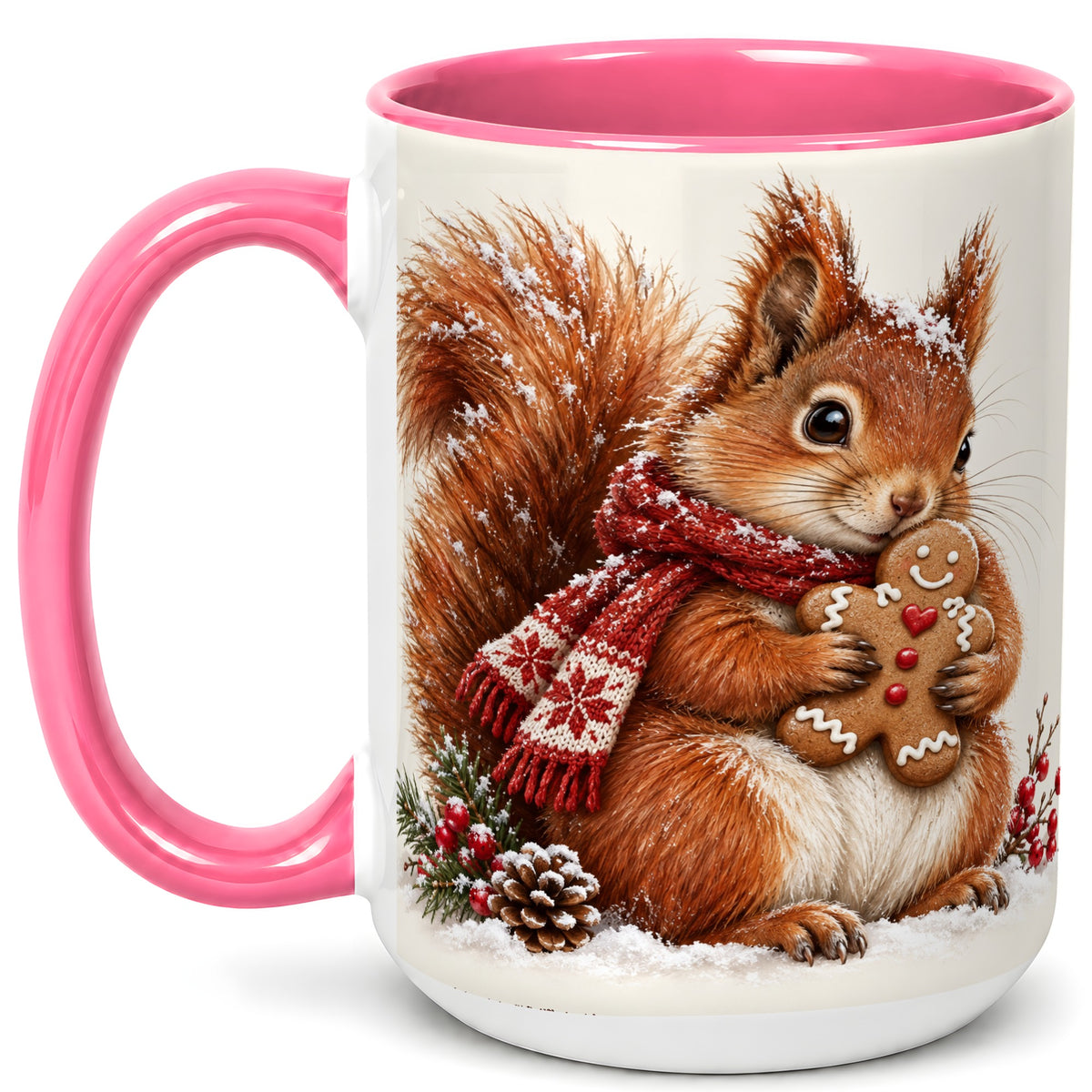 #pl[15oz|Pink] Winter Squirrel Coffee Mug, Gingerbread Squirrel Mug, Ceramic Cup