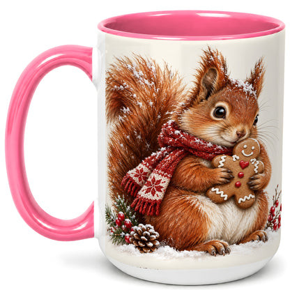 #pl[15oz|Pink] Winter Squirrel Coffee Mug, Gingerbread Squirrel Mug, Ceramic Cup