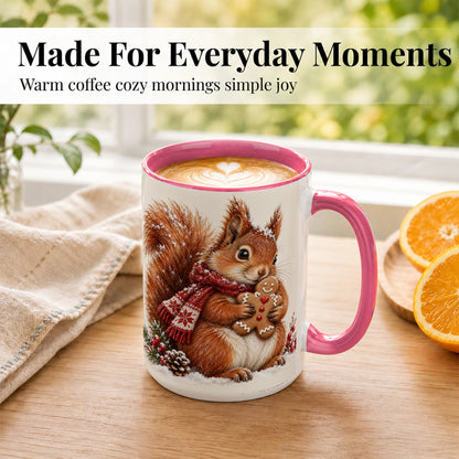 #pl[15oz|Pink] Winter Squirrel Coffee Mug, Gingerbread Squirrel Mug, Ceramic Cup