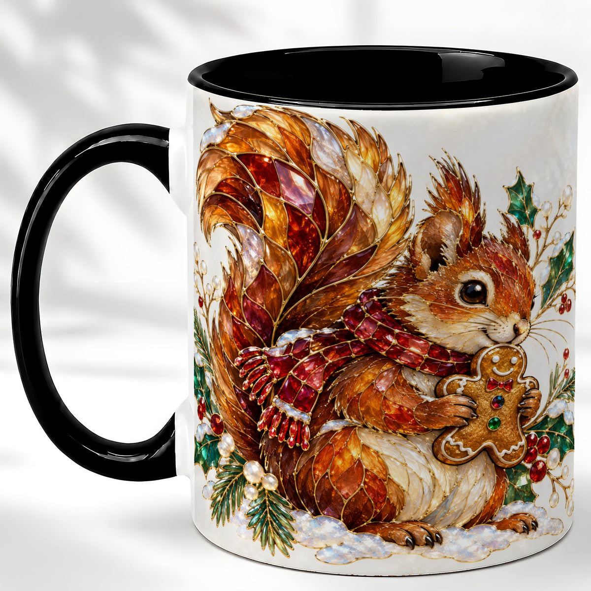 #pl[11oz|Black] Stained Glass Squirrel Coffee Mug, Gingerbread Squirrel Mug, Ceramic Cup
