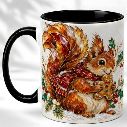 #pl[11oz|Black] Stained Glass Squirrel Coffee Mug, Gingerbread Squirrel Mug, Ceramic Cup