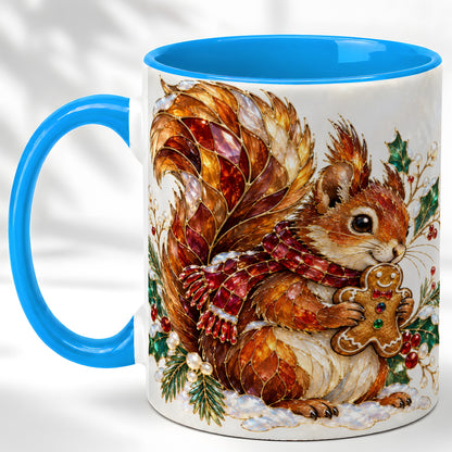 #pl[11oz|Blue] Stained Glass Squirrel Coffee Mug, Gingerbread Squirrel Mug, Ceramic Cup