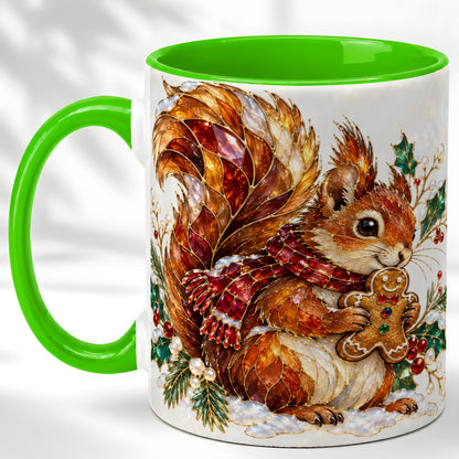 #pl[11oz|Green] Stained Glass Squirrel Coffee Mug, Gingerbread Squirrel Mug, Ceramic Cup