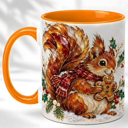 #pl[11oz|Orange] Stained Glass Squirrel Coffee Mug, Gingerbread Squirrel Mug, Ceramic Cup