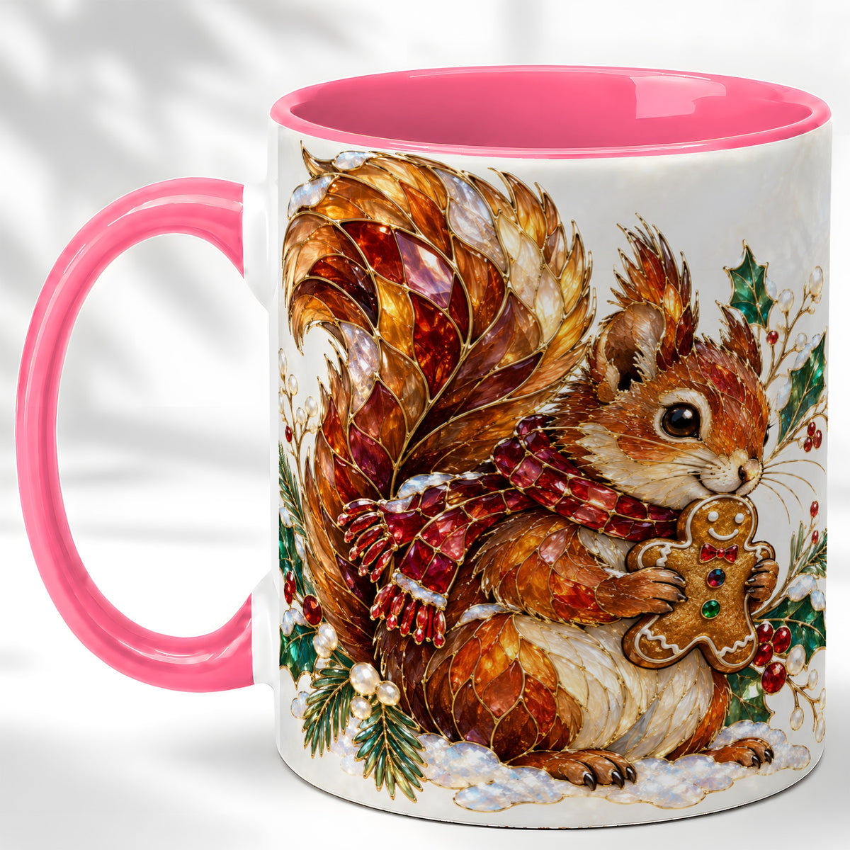 #pl[11oz|Pink] Stained Glass Squirrel Coffee Mug, Gingerbread Squirrel Mug, Ceramic Cup