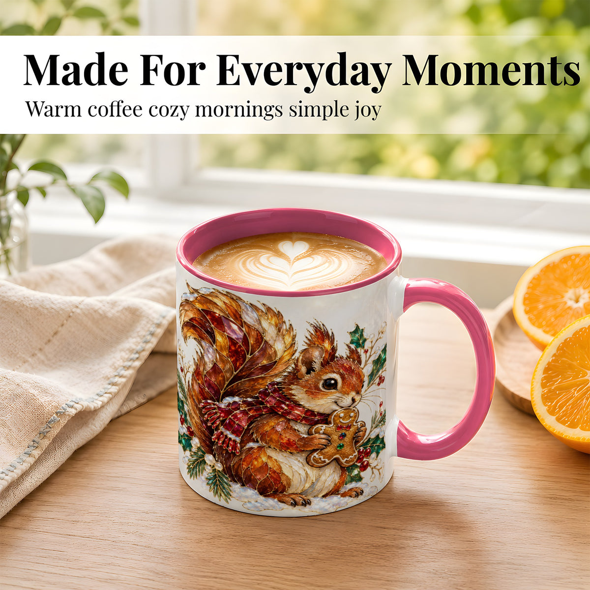 #pl[11oz|Pink] Stained Glass Squirrel Coffee Mug, Gingerbread Squirrel Mug, Ceramic Cup