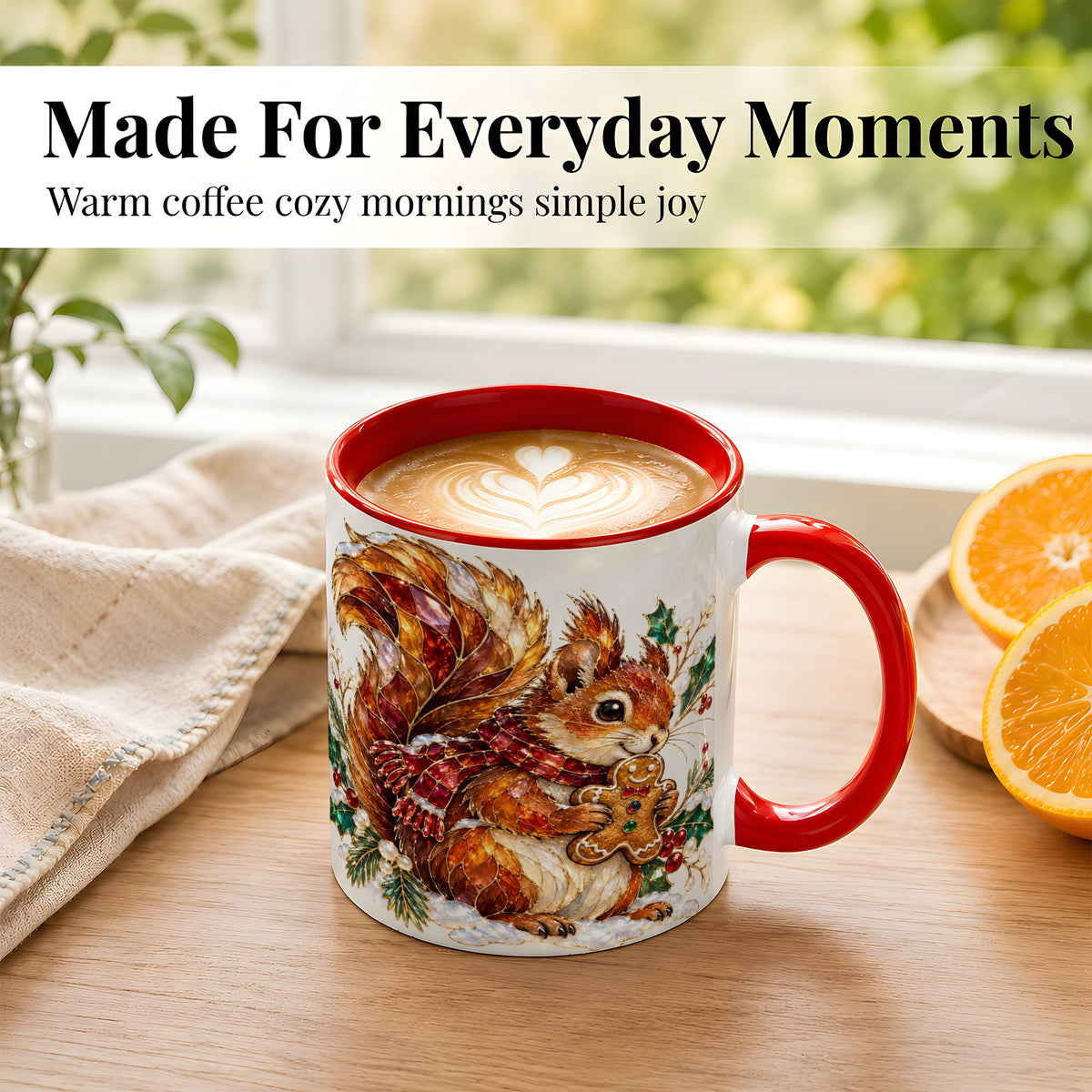 #pl[11oz|Red] Stained Glass Squirrel Coffee Mug, Gingerbread Squirrel Mug, Ceramic Cup