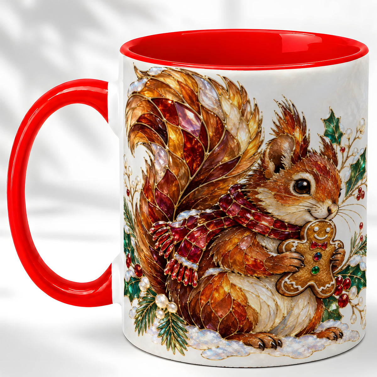 Stained Glass Squirrel Coffee Mug, Gingerbread Squirrel Mug, Ceramic Cup