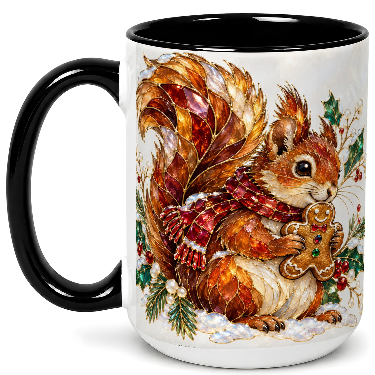 #pl[15oz|Black] Stained Glass Squirrel Coffee Mug, Gingerbread Squirrel Mug, Ceramic Cup