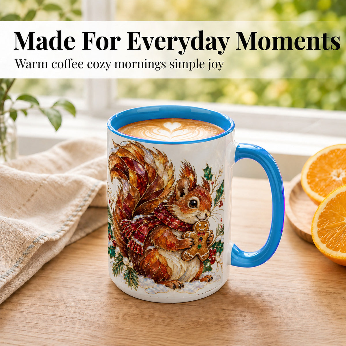 #pl[15oz|Blue] Stained Glass Squirrel Coffee Mug, Gingerbread Squirrel Mug, Ceramic Cup