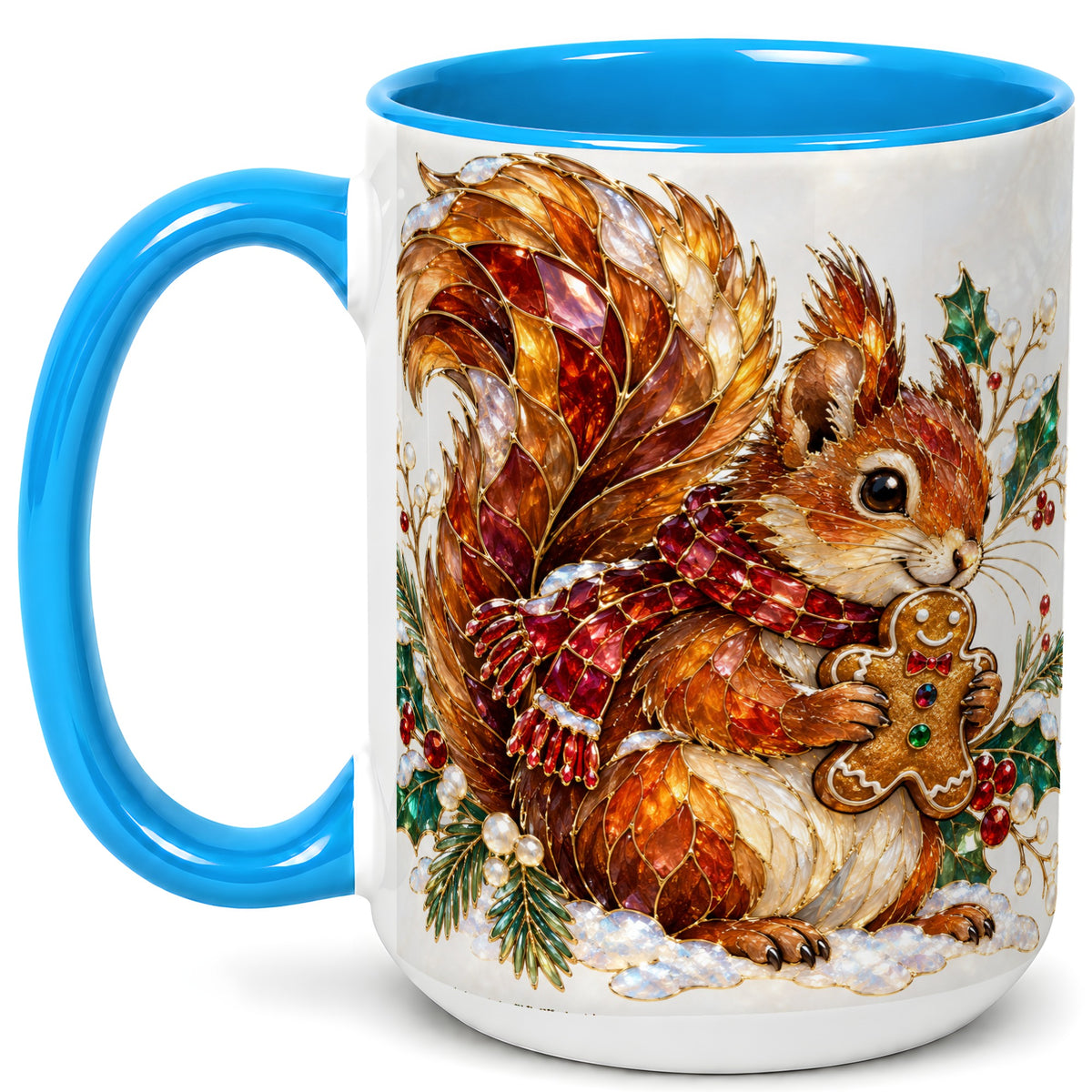 #pl[15oz|Blue] Stained Glass Squirrel Coffee Mug, Gingerbread Squirrel Mug, Ceramic Cup
