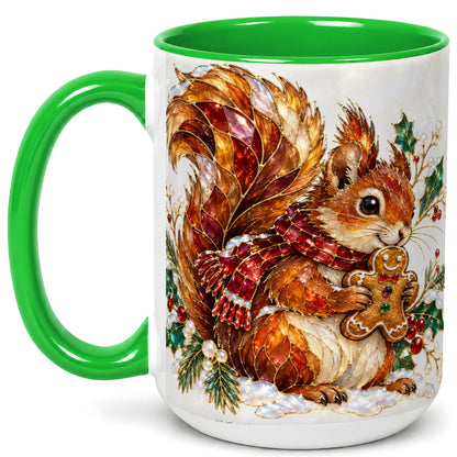 #pl[15oz|Green] Stained Glass Squirrel Coffee Mug, Gingerbread Squirrel Mug, Ceramic Cup