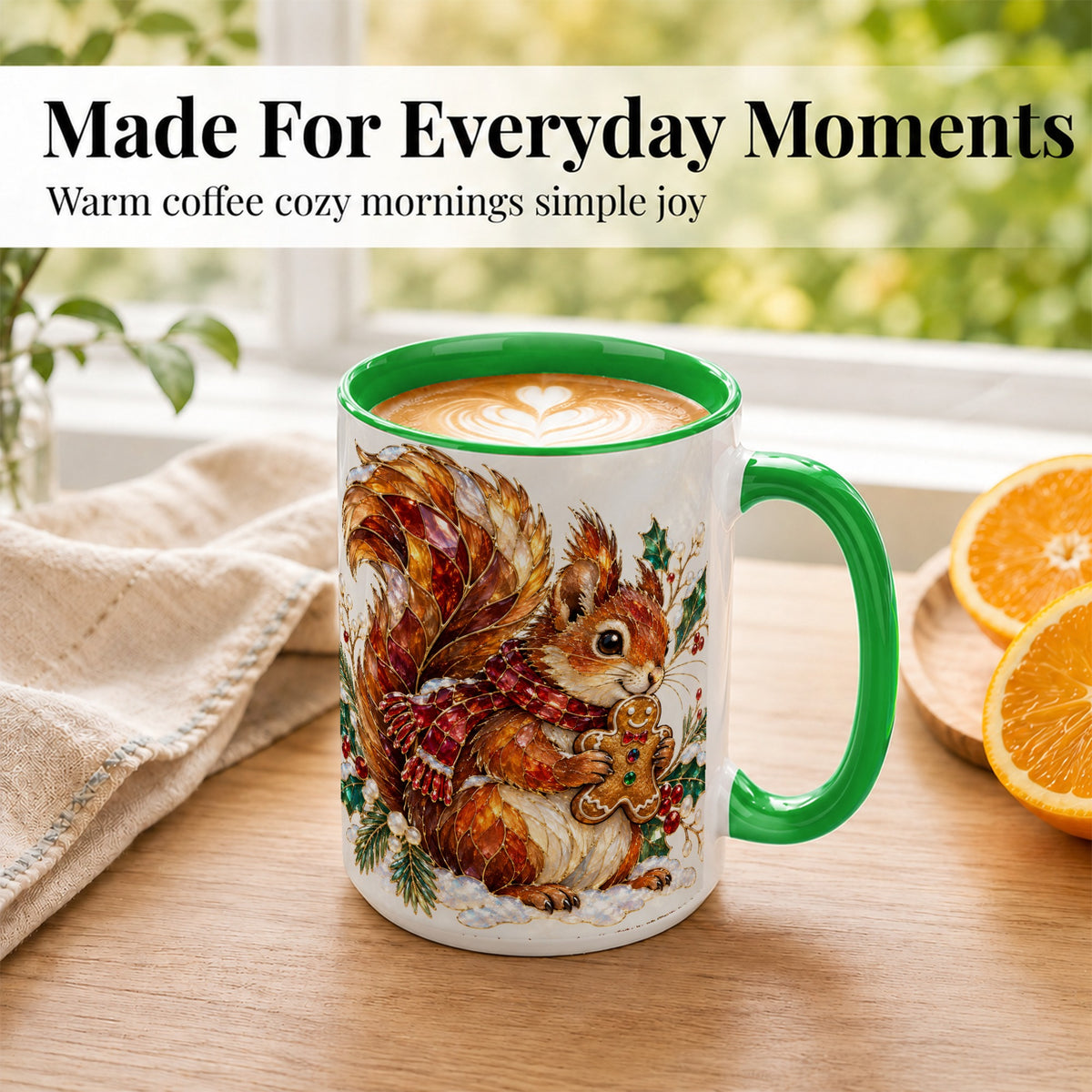 #pl[15oz|Green] Stained Glass Squirrel Coffee Mug, Gingerbread Squirrel Mug, Ceramic Cup