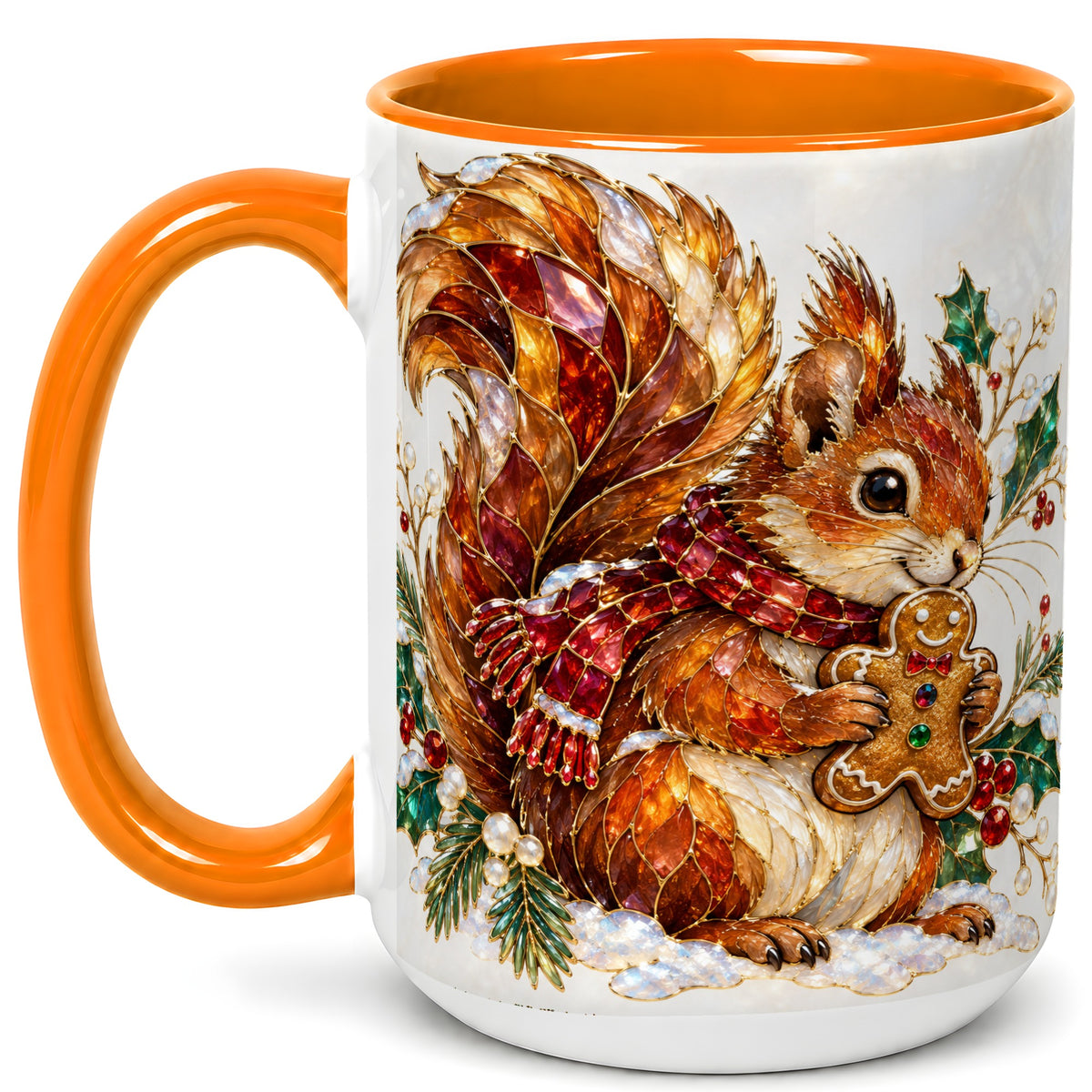 #pl[15oz|Orange] Stained Glass Squirrel Coffee Mug, Gingerbread Squirrel Mug, Ceramic Cup