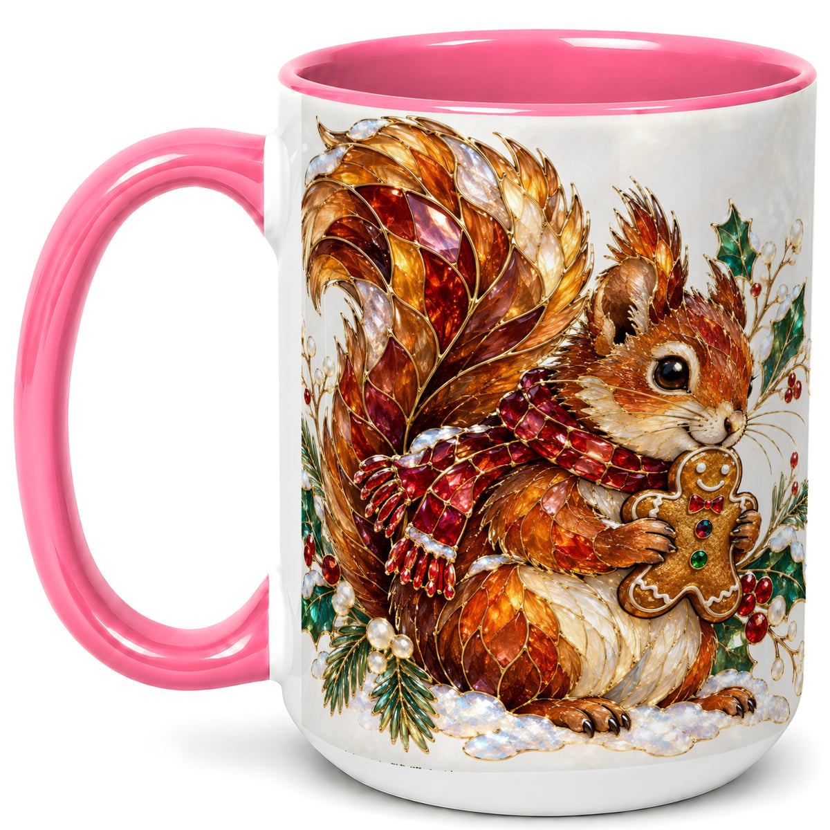 #pl[15oz|Pink] Stained Glass Squirrel Coffee Mug, Gingerbread Squirrel Mug, Ceramic Cup
