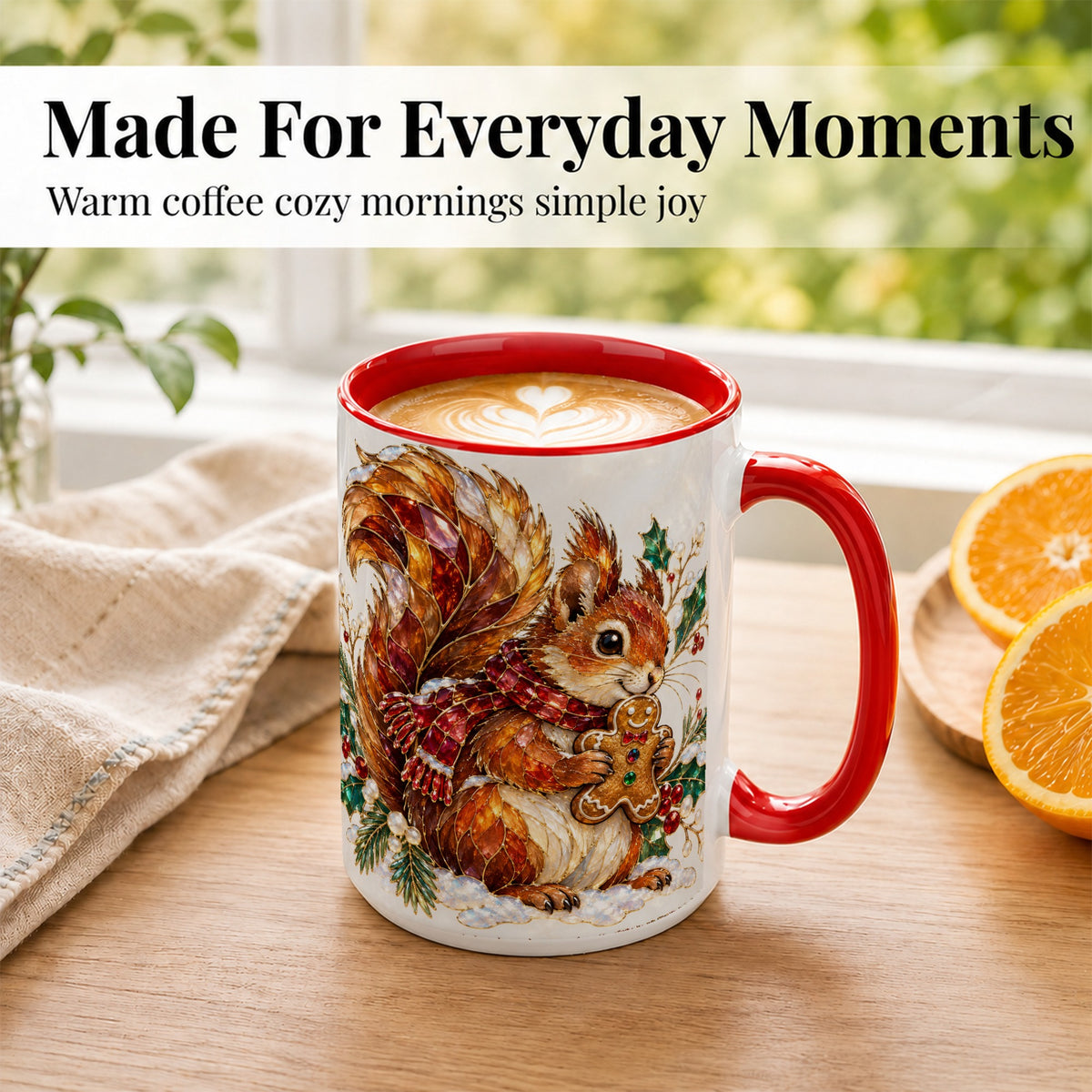 #pl[15oz|Red] Stained Glass Squirrel Coffee Mug, Gingerbread Squirrel Mug, Ceramic Cup