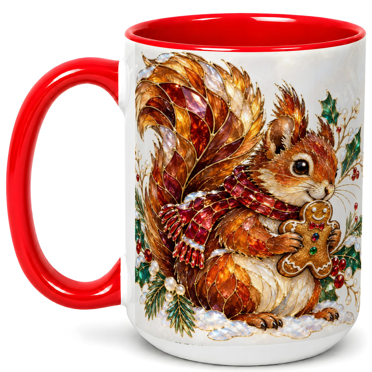 #pl[15oz|Red] Stained Glass Squirrel Coffee Mug, Gingerbread Squirrel Mug, Ceramic Cup