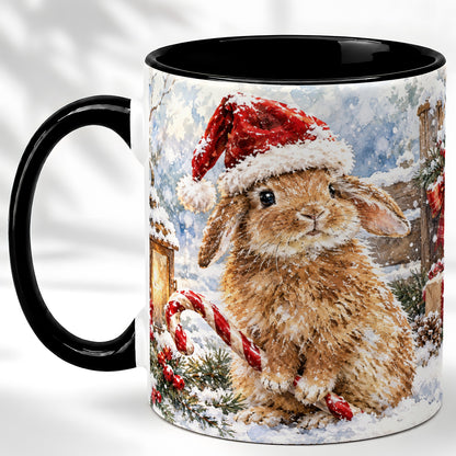 #pl[11oz|Black] Christmas Bunny Coffee Mug, Santa Rabbit Mug, Ceramic Cup