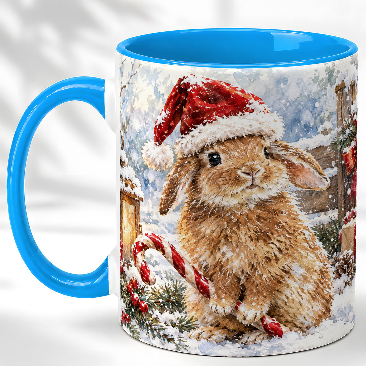 #pl[11oz|Blue] Christmas Bunny Coffee Mug, Santa Rabbit Mug, Ceramic Cup