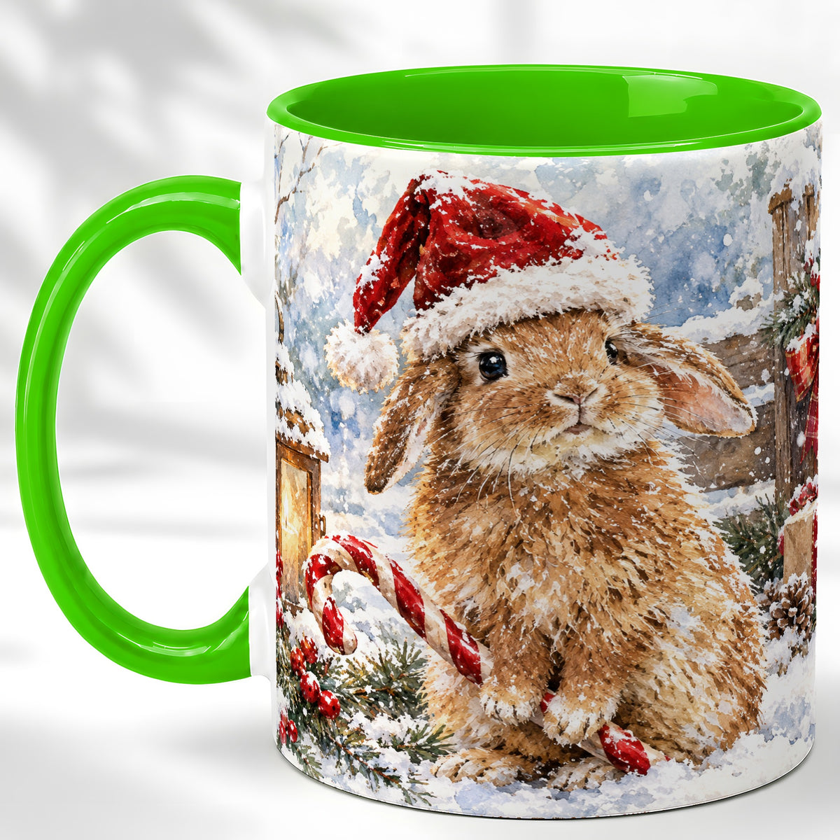 #pl[11oz|Green] Christmas Bunny Coffee Mug, Santa Rabbit Mug, Ceramic Cup