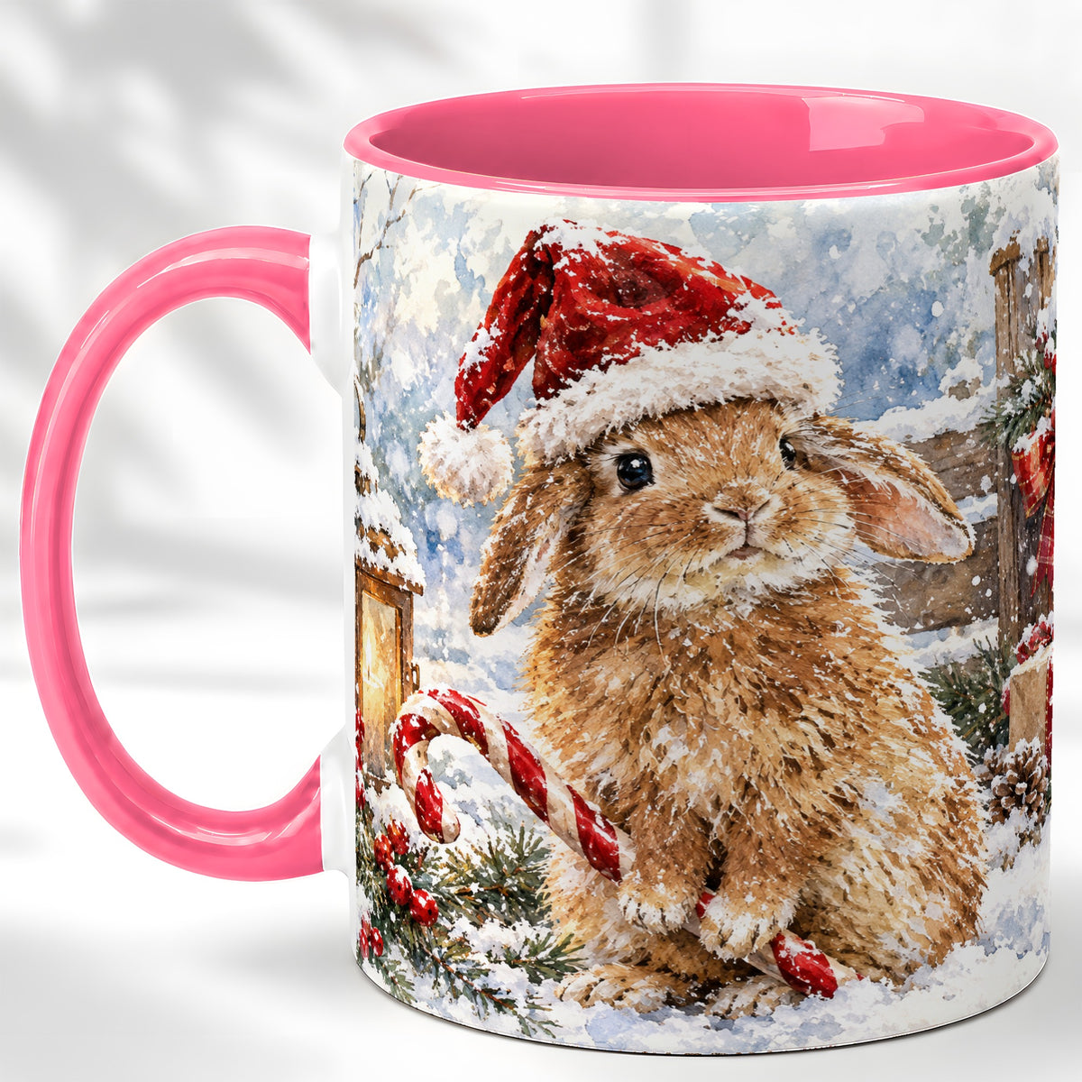 #pl[11oz|Pink] Christmas Bunny Coffee Mug, Santa Rabbit Mug, Ceramic Cup
