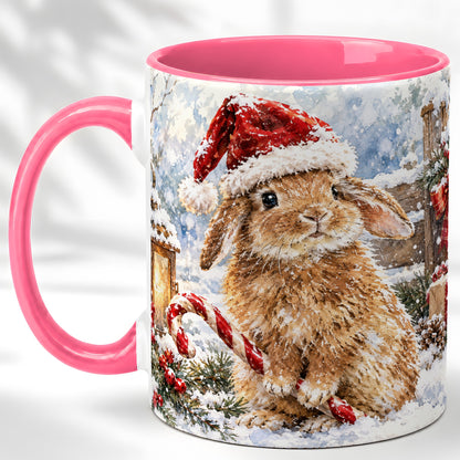 #pl[11oz|Pink] Christmas Bunny Coffee Mug, Santa Rabbit Mug, Ceramic Cup