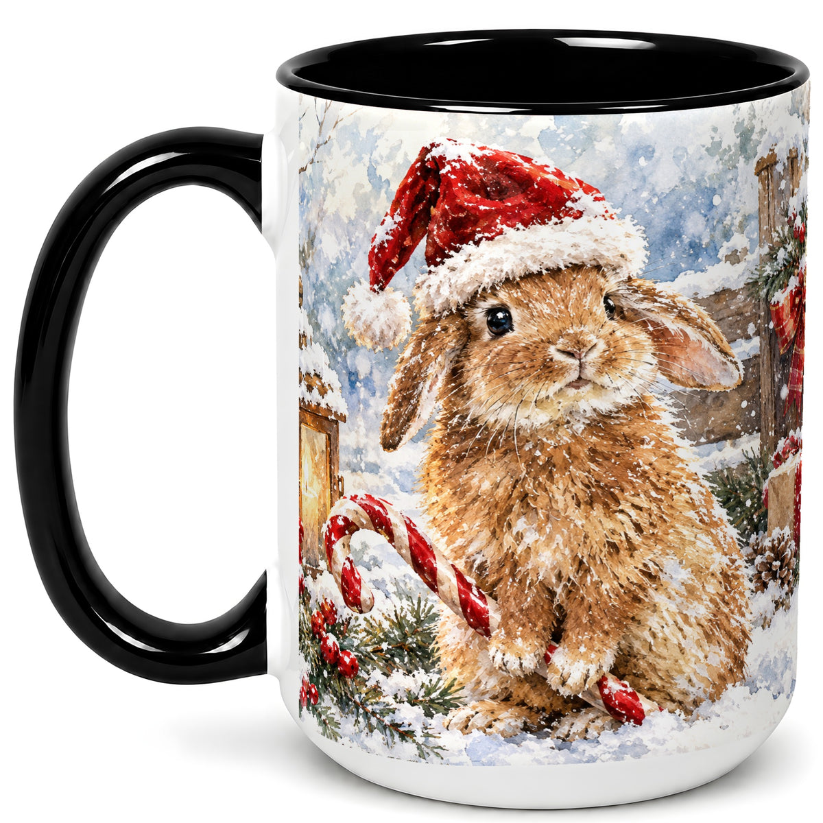 #pl[15oz|Black] Christmas Bunny Coffee Mug, Santa Rabbit Mug, Ceramic Cup