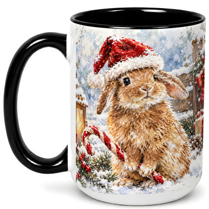 #pl[15oz|Black] Christmas Bunny Coffee Mug, Santa Rabbit Mug, Ceramic Cup