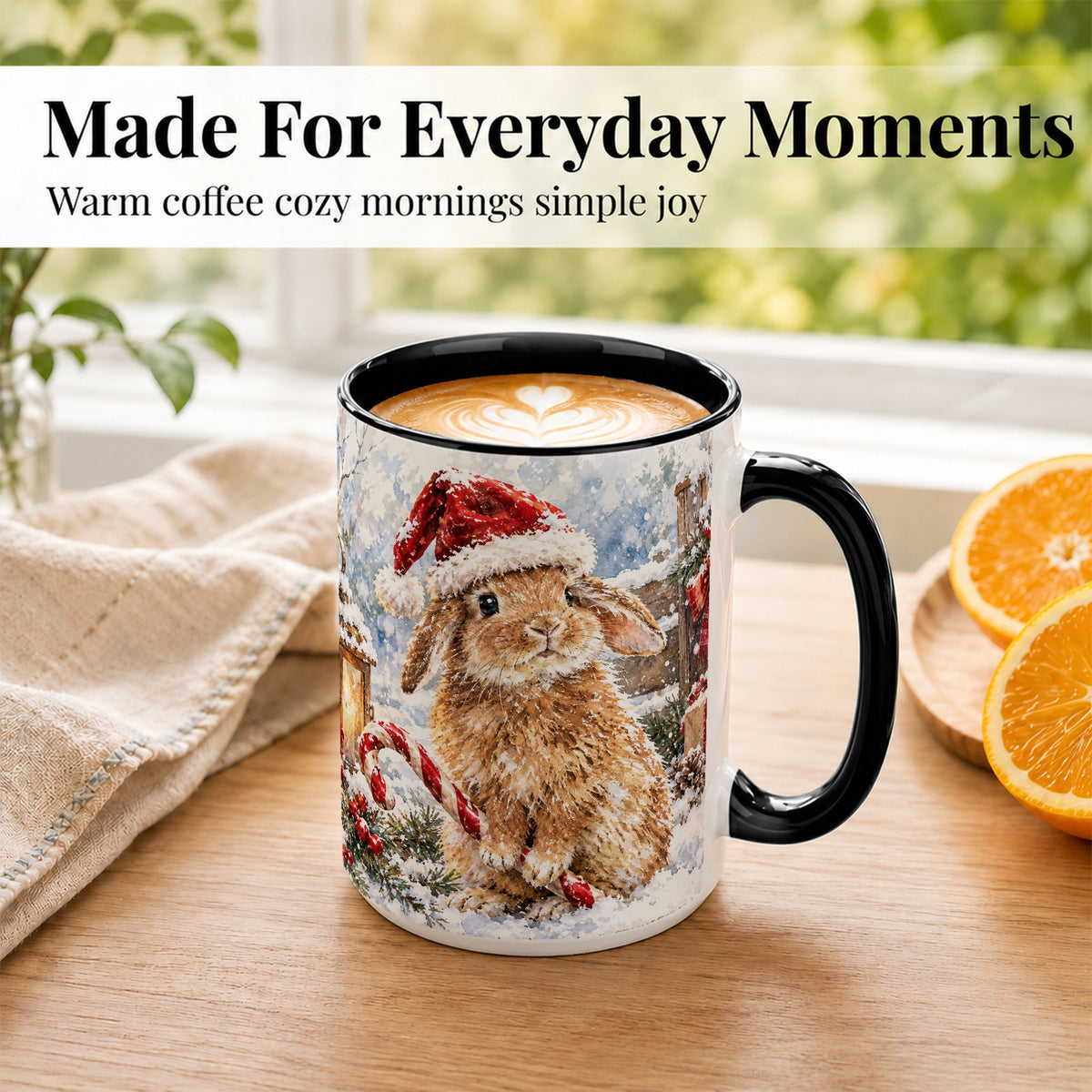 #pl[15oz|Black] Christmas Bunny Coffee Mug, Santa Rabbit Mug, Ceramic Cup