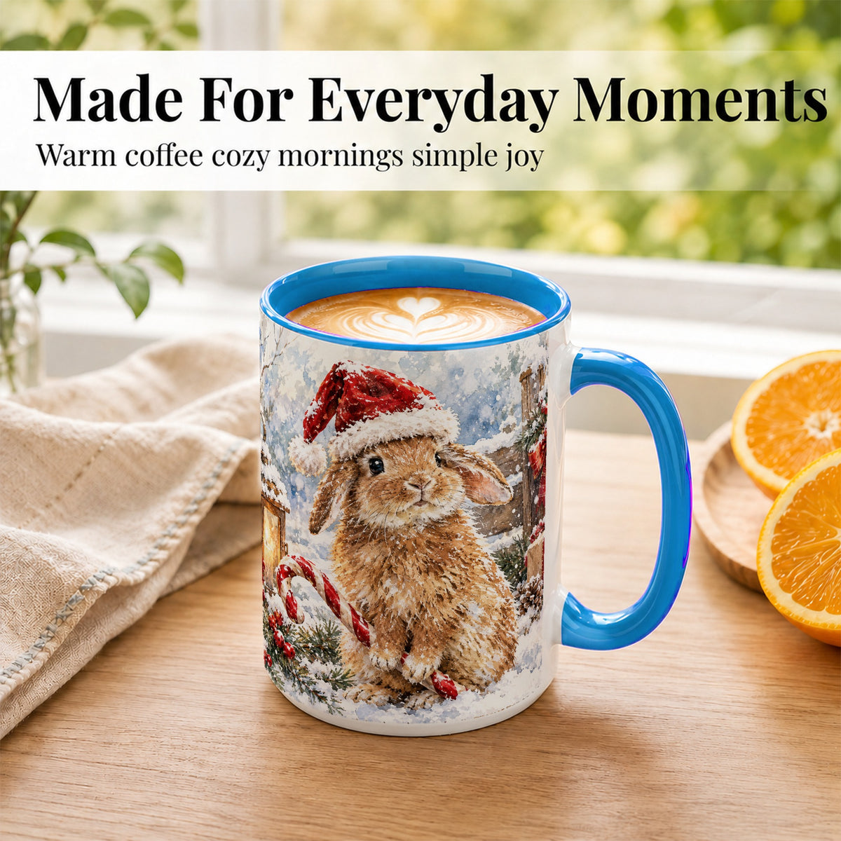 #pl[15oz|Blue] Christmas Bunny Coffee Mug, Santa Rabbit Mug, Ceramic Cup