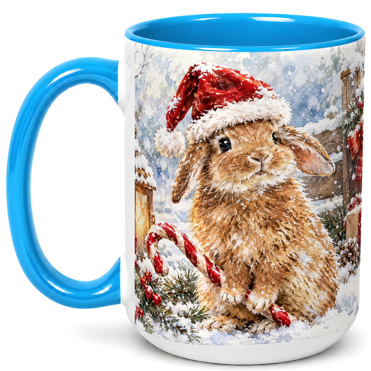 #pl[15oz|Blue] Christmas Bunny Coffee Mug, Santa Rabbit Mug, Ceramic Cup