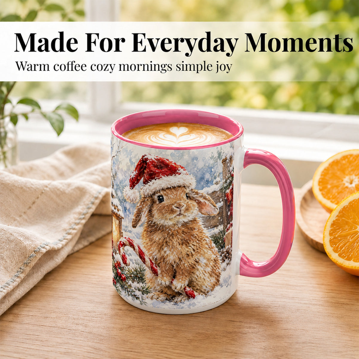 #pl[15oz|Pink] Christmas Bunny Coffee Mug, Santa Rabbit Mug, Ceramic Cup