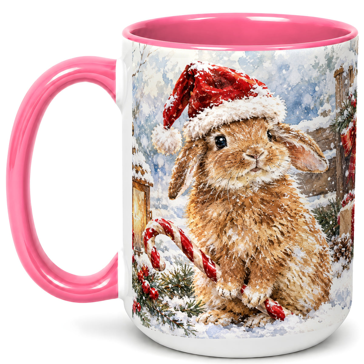 #pl[15oz|Pink] Christmas Bunny Coffee Mug, Santa Rabbit Mug, Ceramic Cup