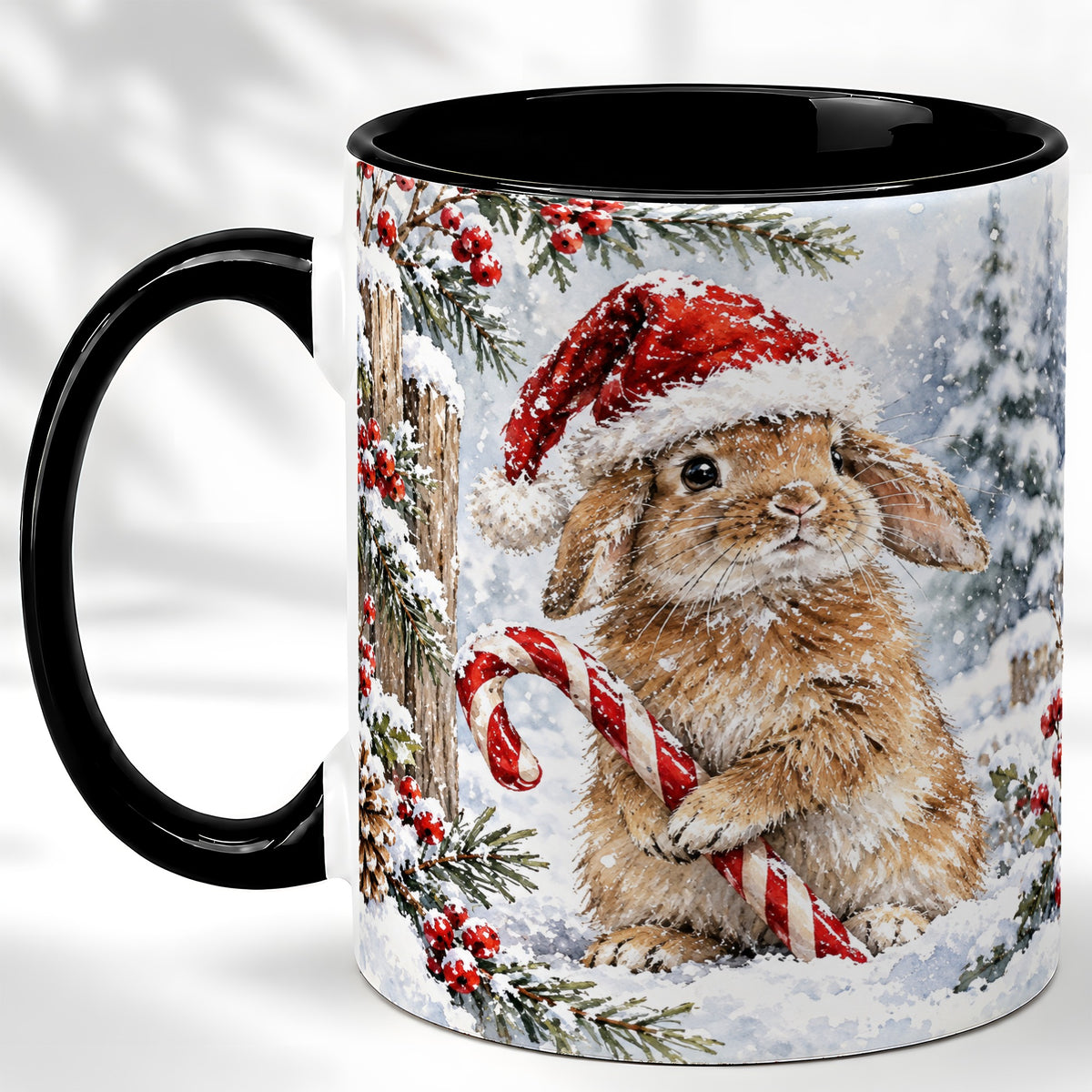 #pl[11oz|Black] Winter Bunny Coffee Mug, Candy Cane Rabbit Mug, Ceramic Cup