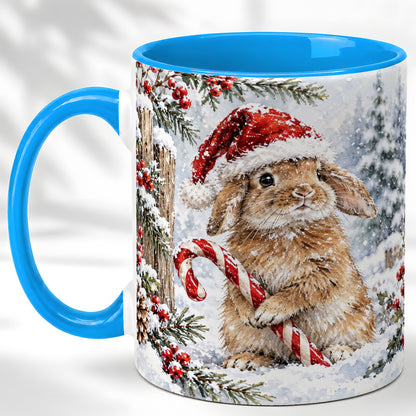 #pl[11oz|Blue] Winter Bunny Coffee Mug, Candy Cane Rabbit Mug, Ceramic Cup