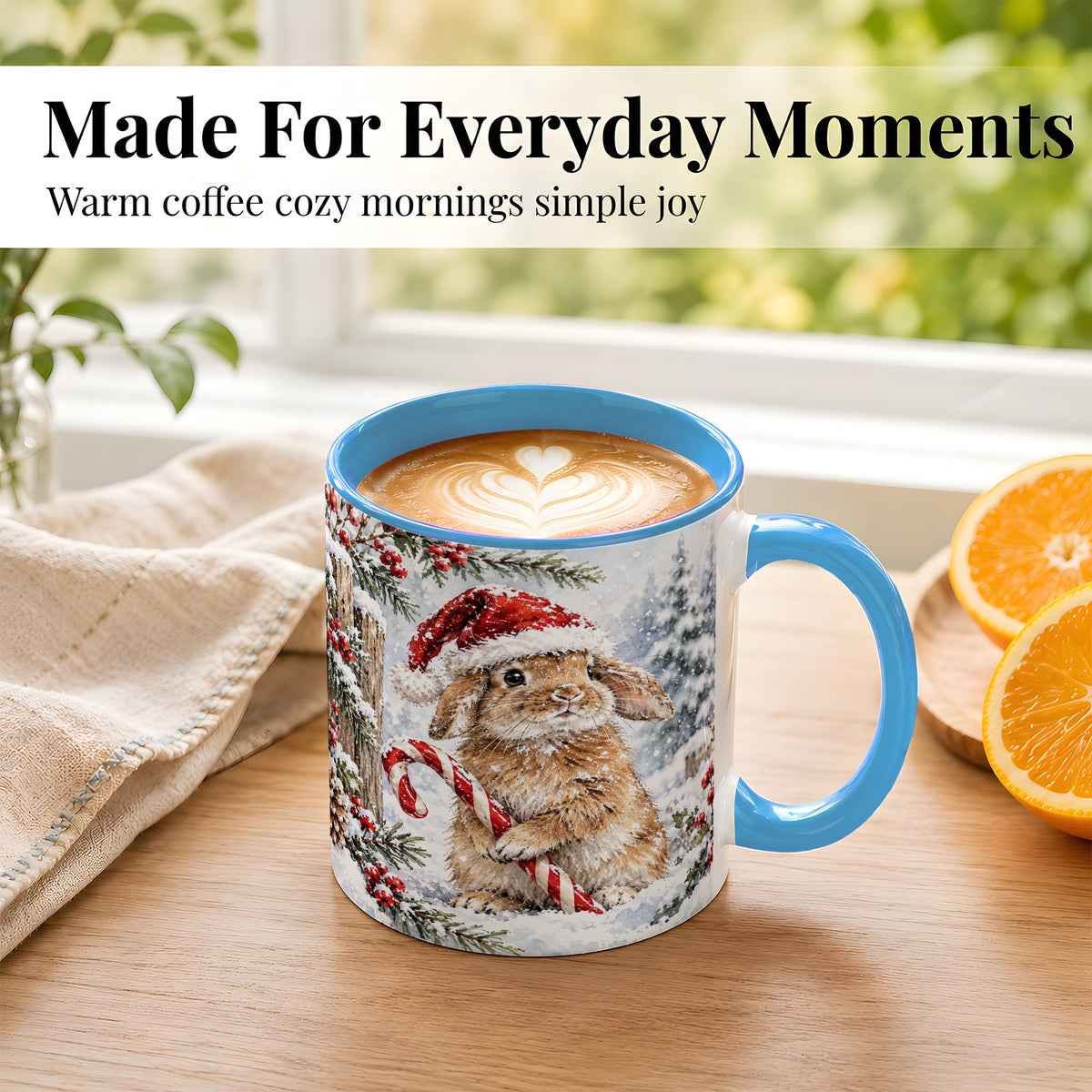 #pl[11oz|Blue] Winter Bunny Coffee Mug, Candy Cane Rabbit Mug, Ceramic Cup