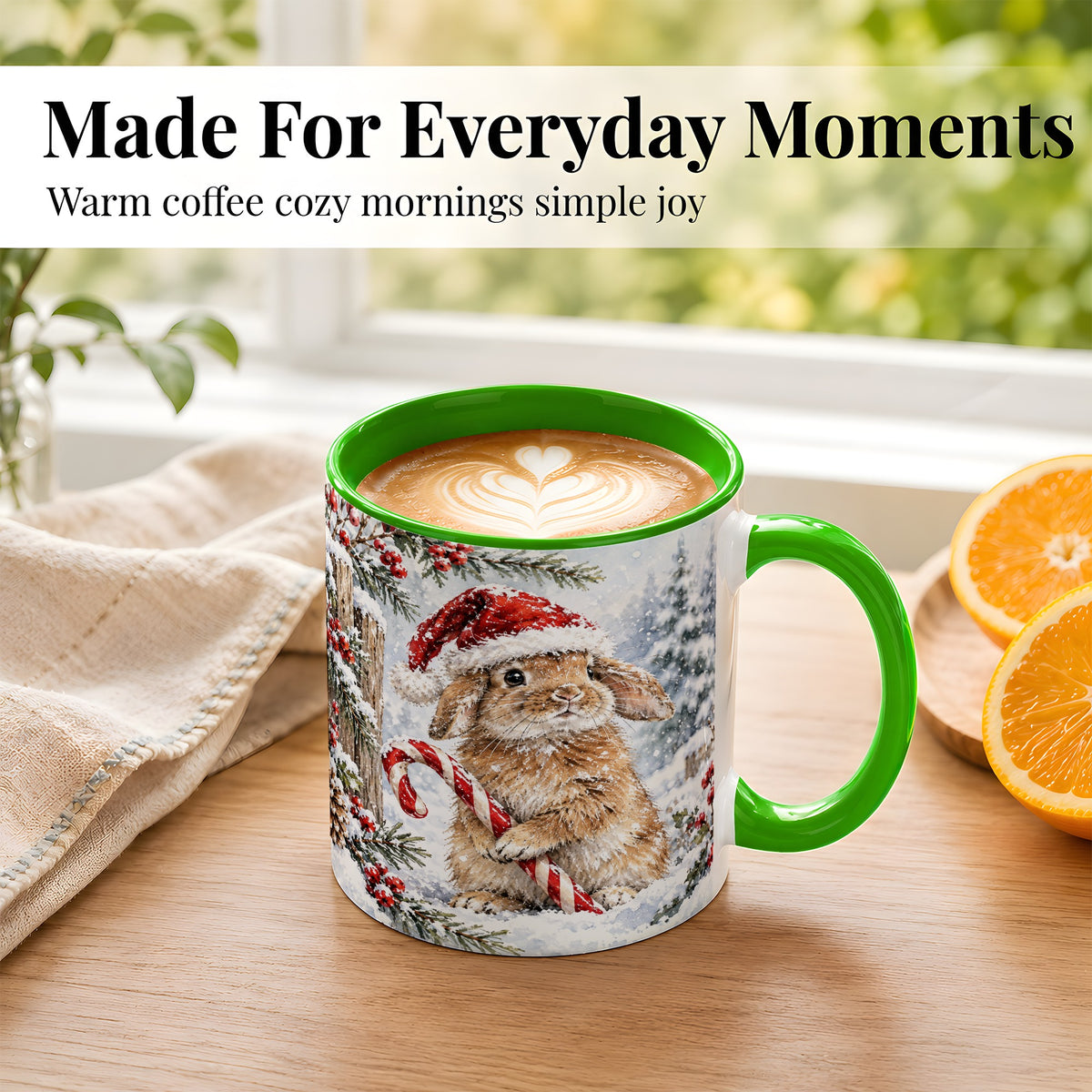 #pl[11oz|Green] Winter Bunny Coffee Mug, Candy Cane Rabbit Mug, Ceramic Cup